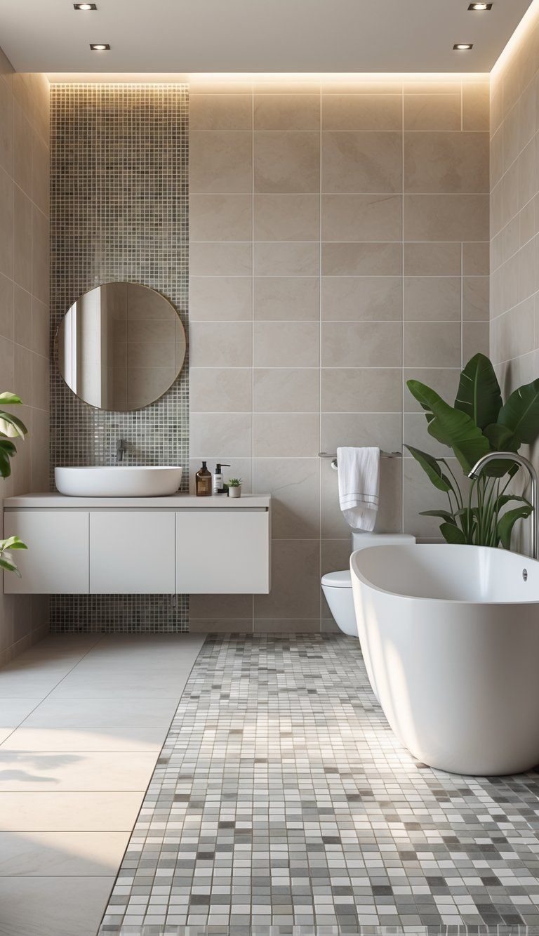 A bathroom interior featuring a combination of large and small tiles on the walls and floor, with a bathtub, vanity, mirror, and plants.