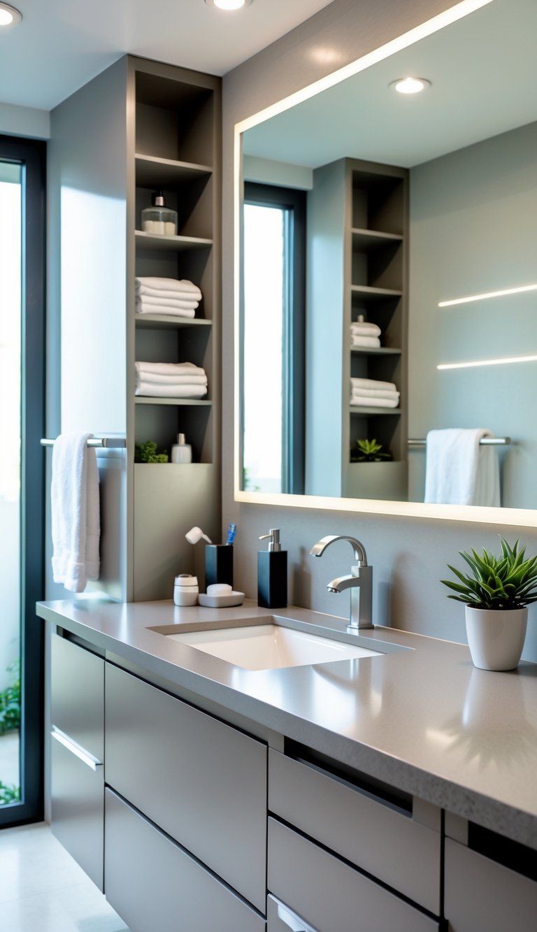 A clean bathroom vanity with a sink, faucet, mirror, and organized storage in a bright bathroom.