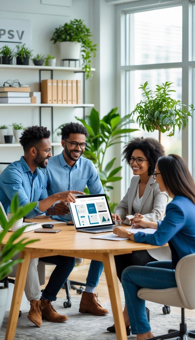 Three professionals collaborating around a table in a bright office with simple, stylish decor and natural light.
