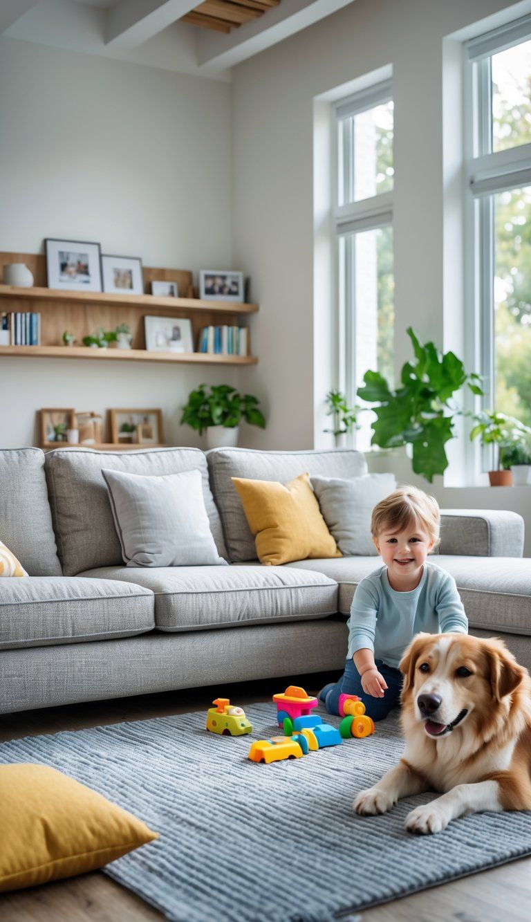 A child playing on the floor and a dog resting near a durable fabric sofa in a bright living room.