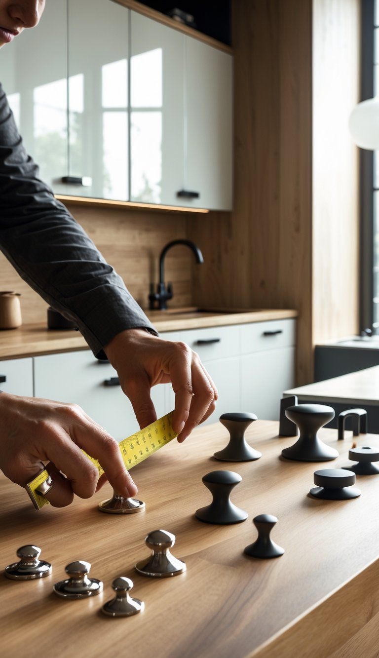 Close-up of hands measuring and comparing different cabinet handles on a kitchen countertop with cabinets in the background.