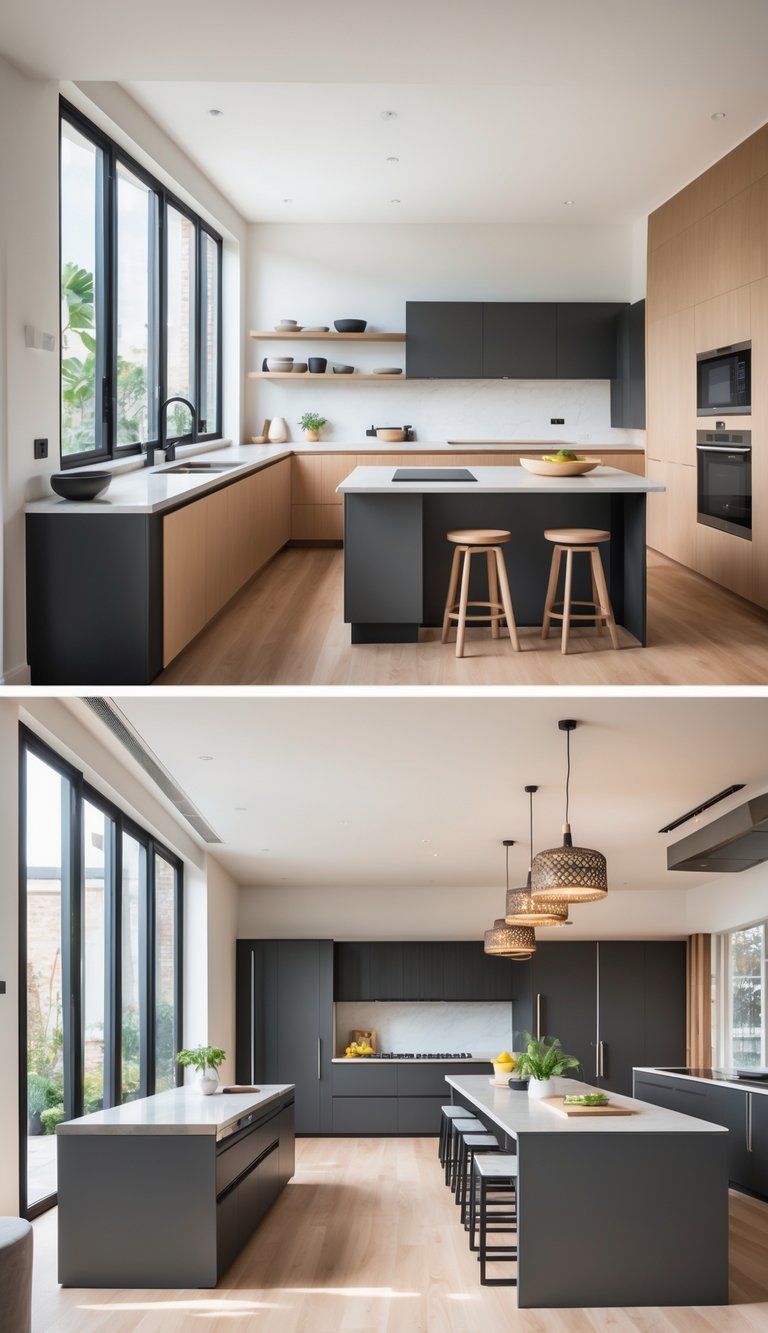 Three different kitchens side by side, each with a kitchen island sized and arranged to fit the space, showing small, medium, and large kitchen layouts.