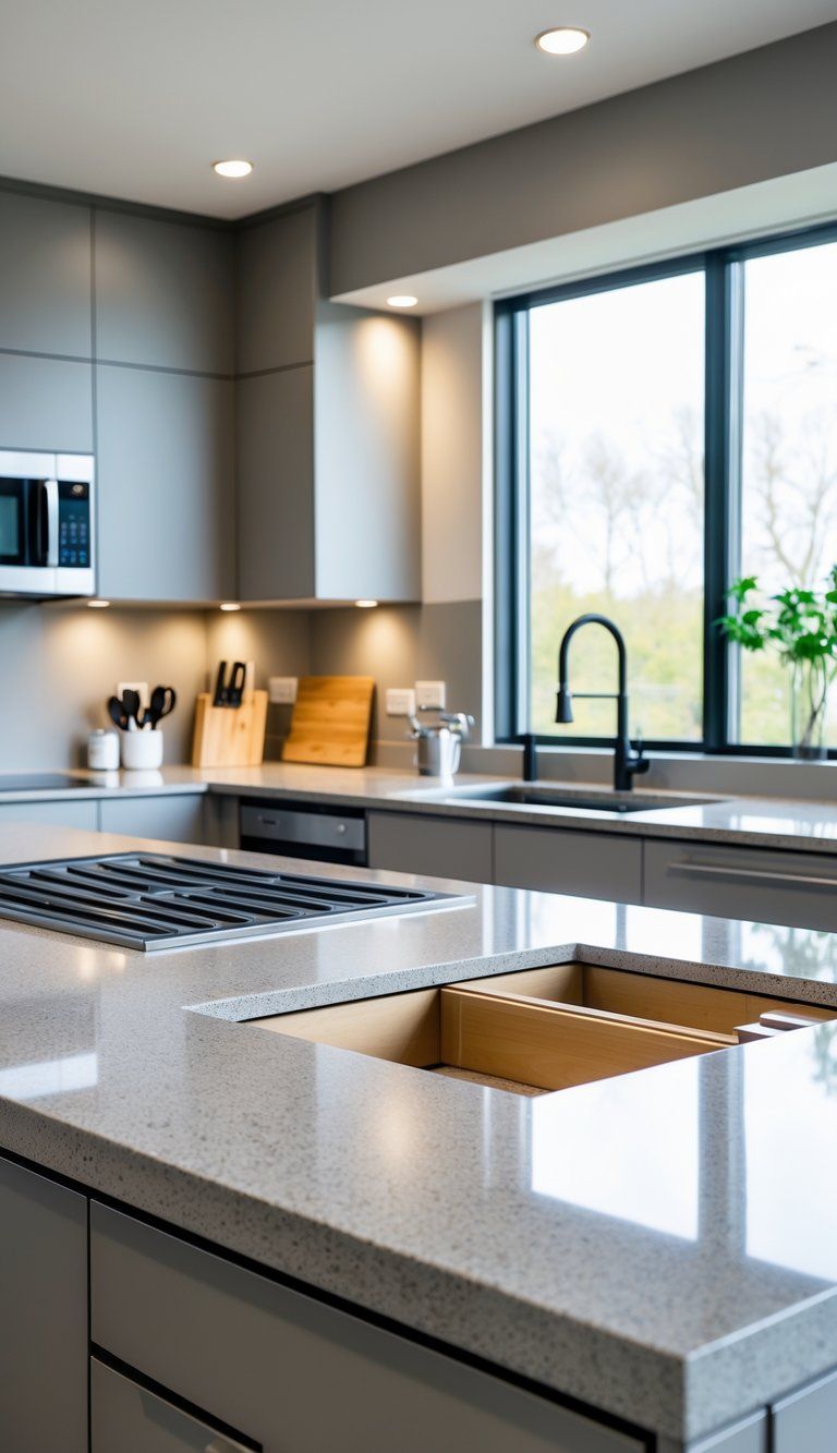 A modern kitchen with granite countertops integrated with sinks and cabinetry, showing a clean and practical workspace.