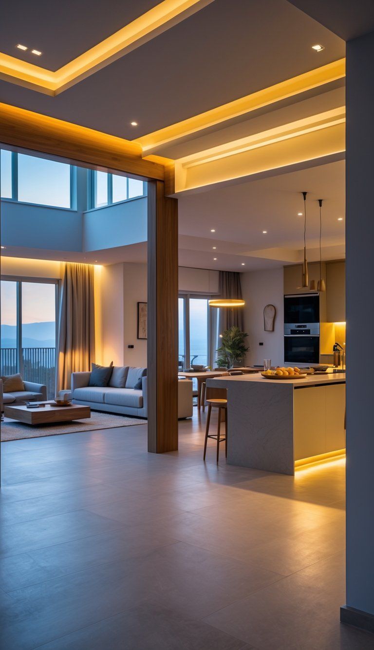 A connected living room, dining area, and kitchen with warm, ambient lighting creating a unified and inviting home interior.