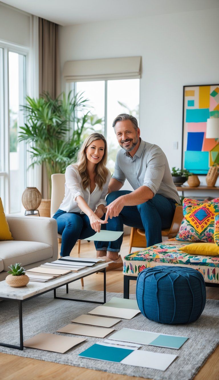 A couple discussing interior design ideas in a living room with mixed furniture and decor styles.