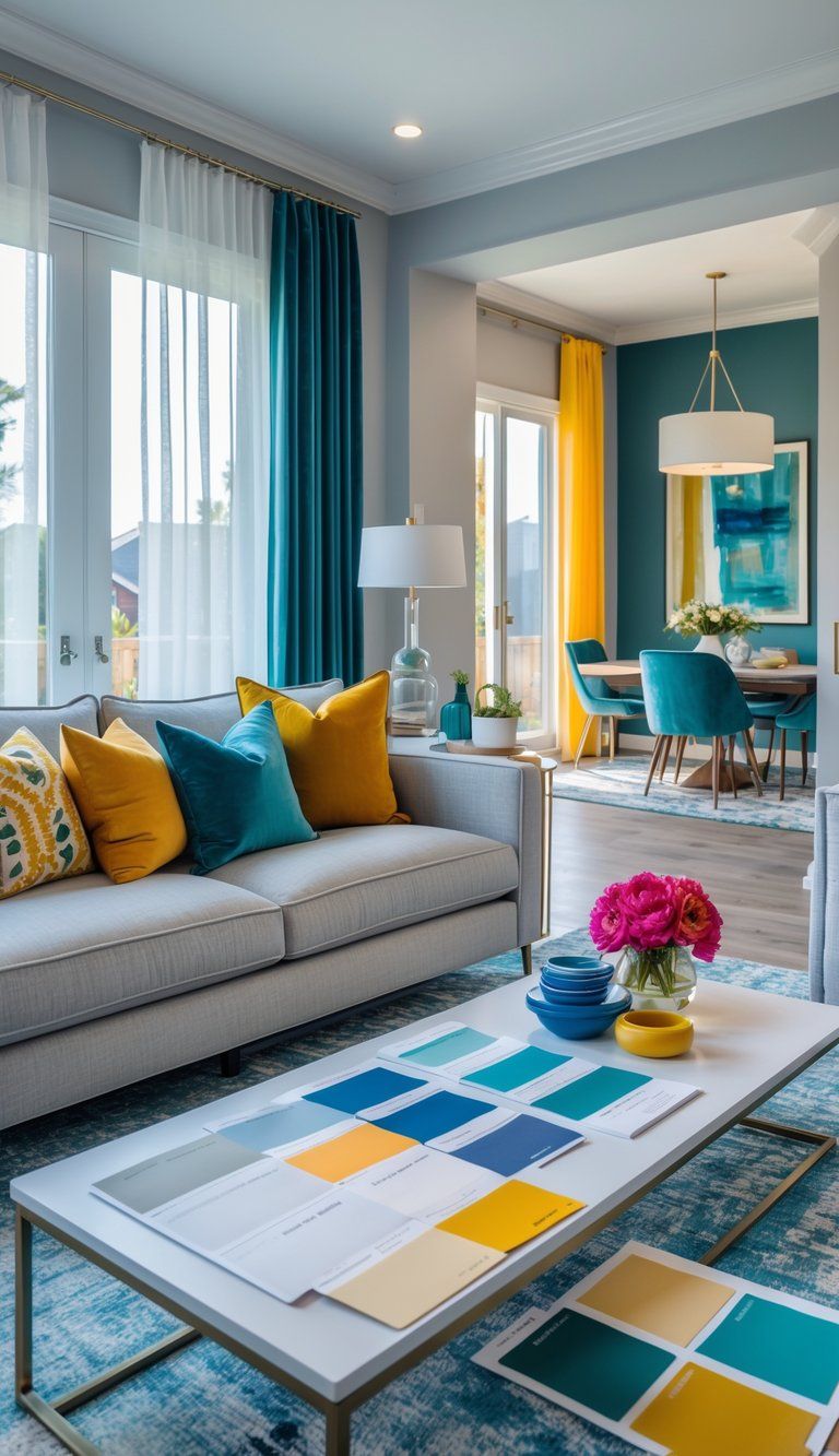 A living room with coordinated colors, paint swatches, fabric samples, and design sketches arranged on a coffee table, surrounded by furniture and decor in matching tones.