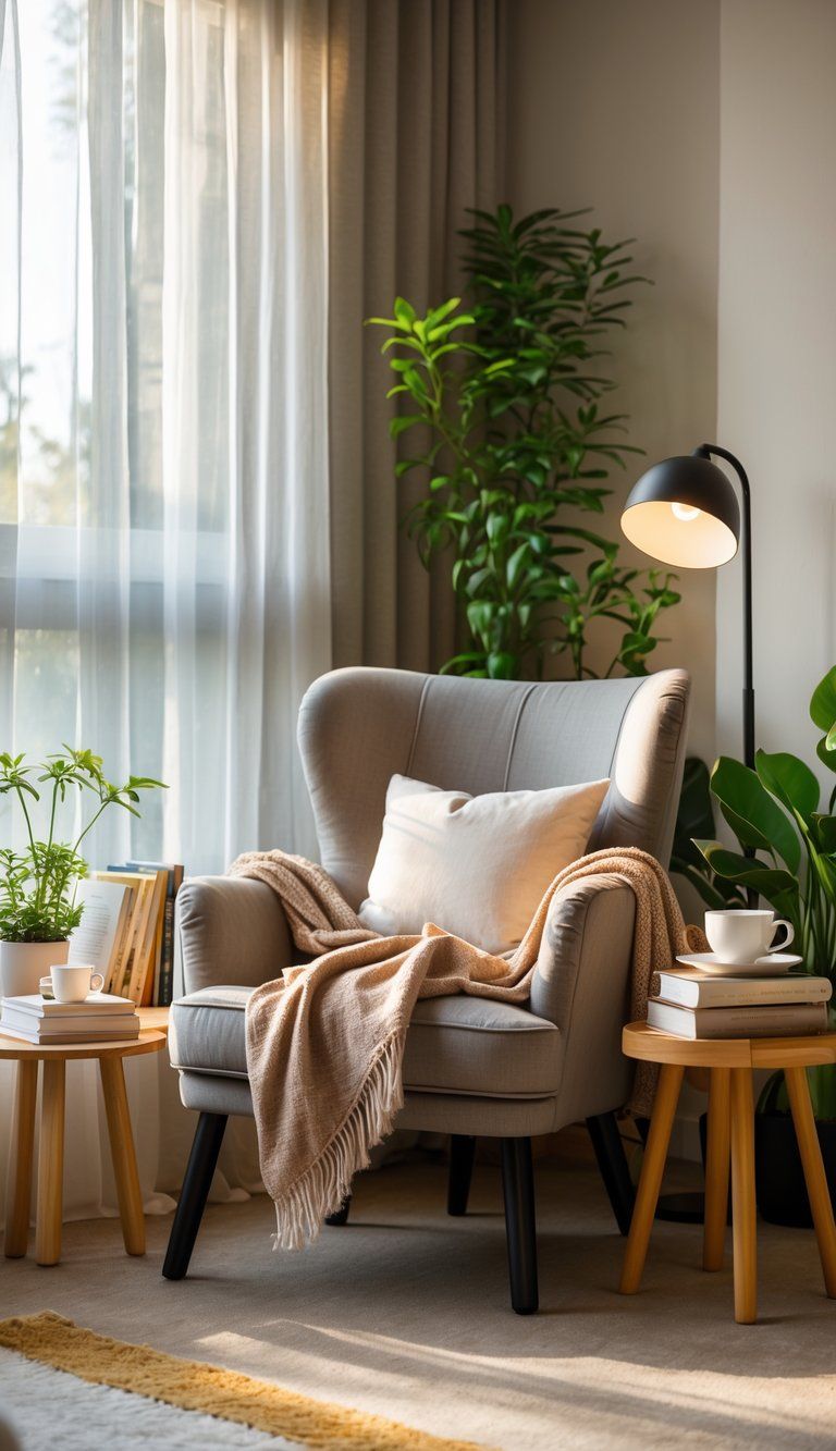 A cozy reading nook with a comfortable armchair, cushions, a throw blanket, a side table with books and a cup, a floor lamp, and green plants near a window with soft daylight.