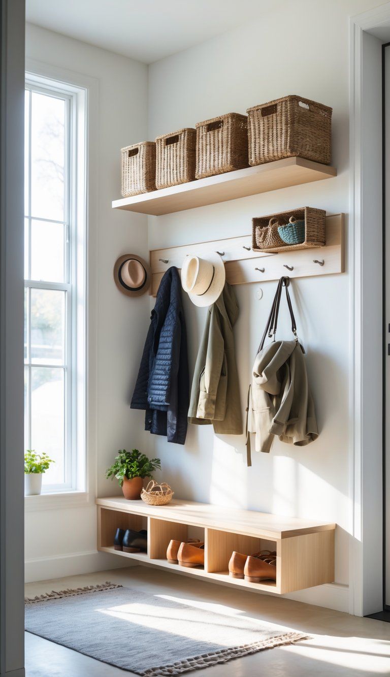 A small entryway with wall-mounted coat hooks, a floating shelf with baskets, a bench with shoe storage, and a potted plant near a window.