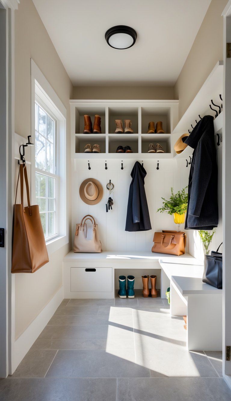 A small mudroom with organized shelves, hooks for coats, a bench with storage, and natural light coming through a window.