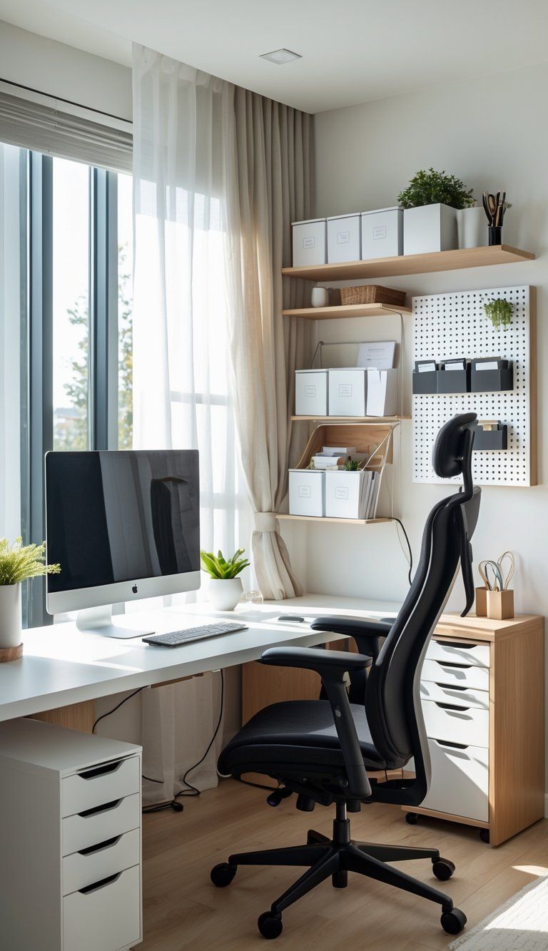A tidy home office with a desk, computer, ergonomic chair, shelves with storage boxes, and a window letting in natural light.