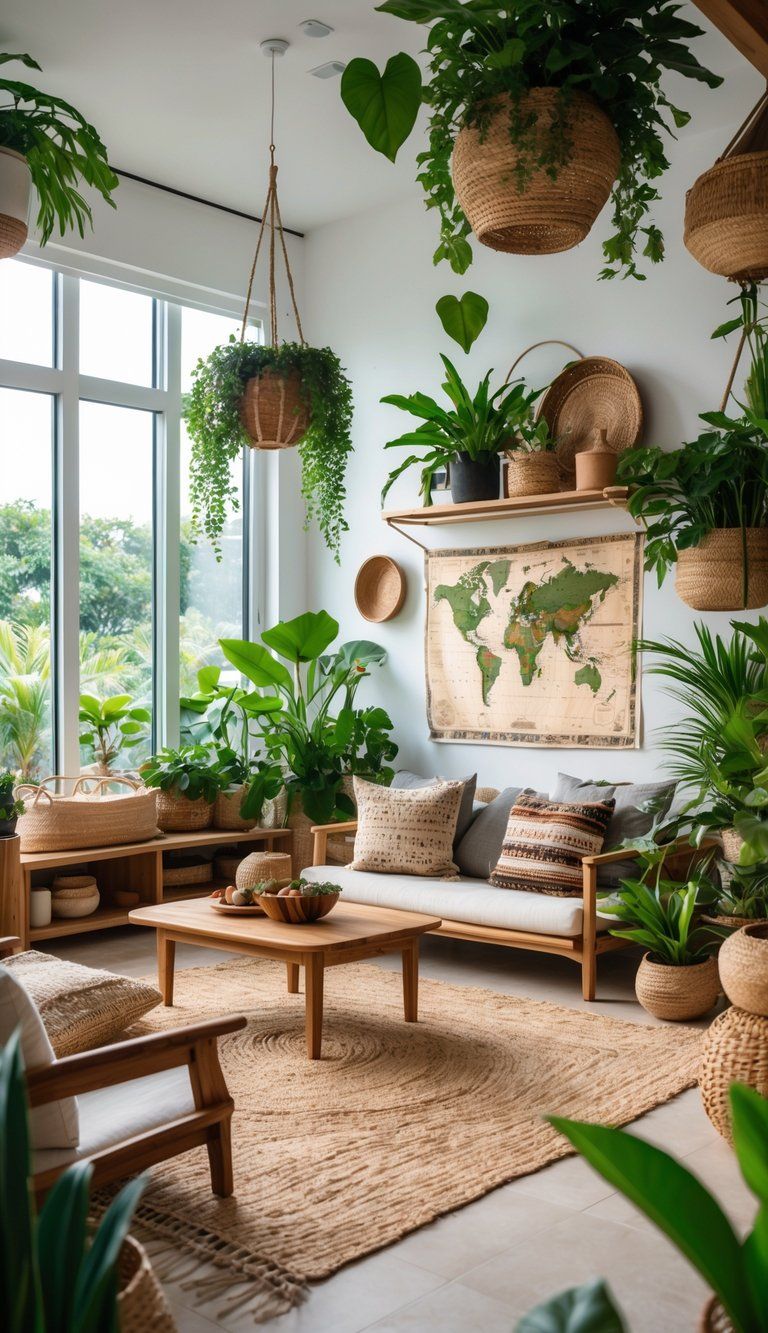 A bright living room with wooden furniture, green plants, woven baskets, and travel-inspired decor creating a warm and natural atmosphere.