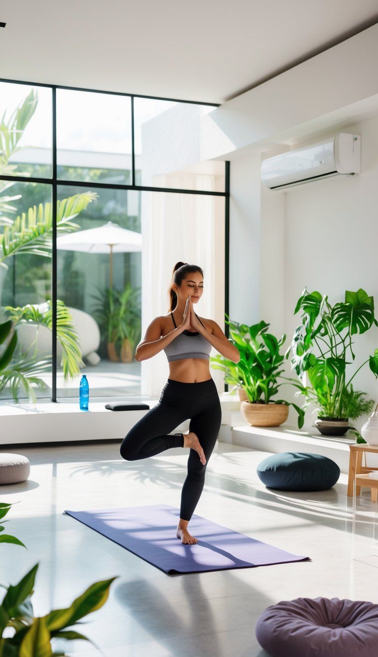 A person practicing yoga on a mat in a bright living room with large windows and indoor plants.