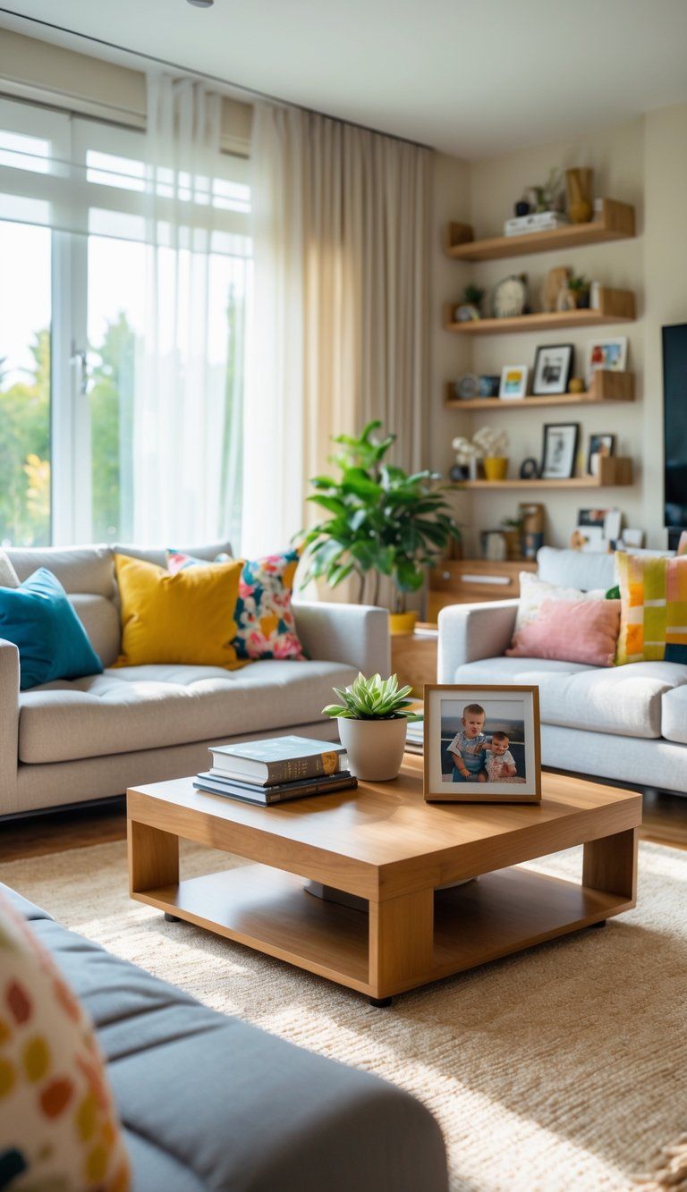 A bright living room with a sofa, coffee table, bookshelf, and personal decorative items by large windows.