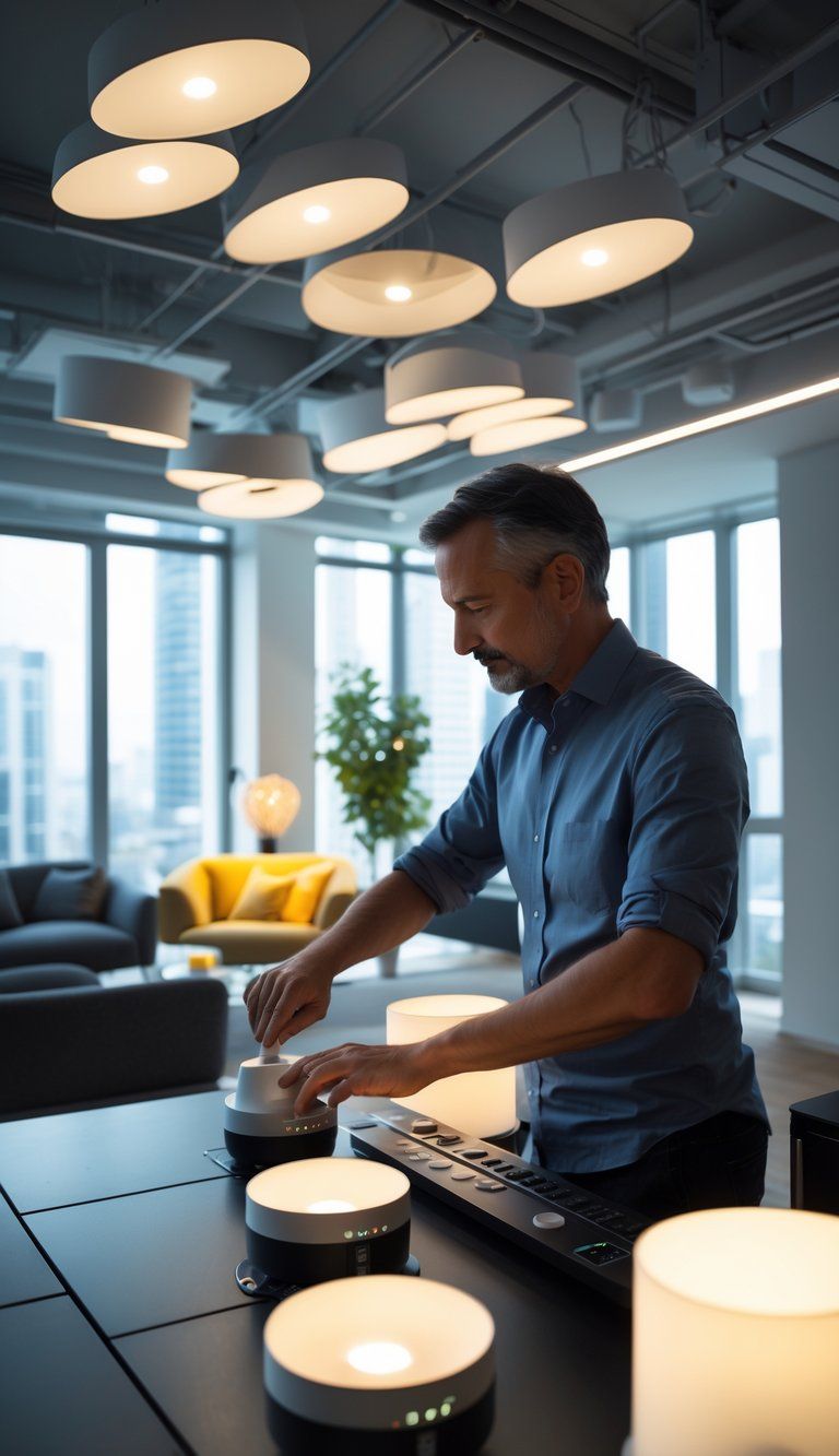 A designer adjusting multiple lighting fixtures in a modern interior to create a layered lighting effect.