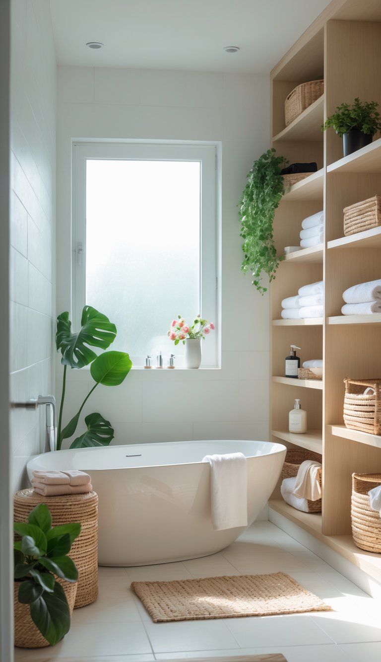 A bright bathroom with a freestanding bathtub, open shelves with baskets, towels, plants, and natural light creating a neat and inviting space.