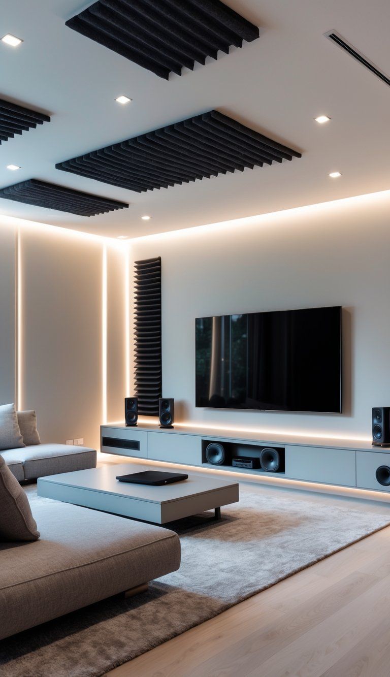 A modern media room with a sofa, flat-screen TV, and integrated acoustic panels that blend into the walls, creating a balanced and inviting space.