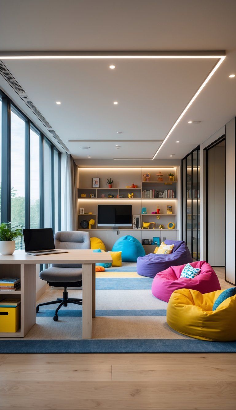 A modern interior showing separate areas for work with a desk and laptop, play with bean bags and books, and relaxation with a sofa and soft lighting.