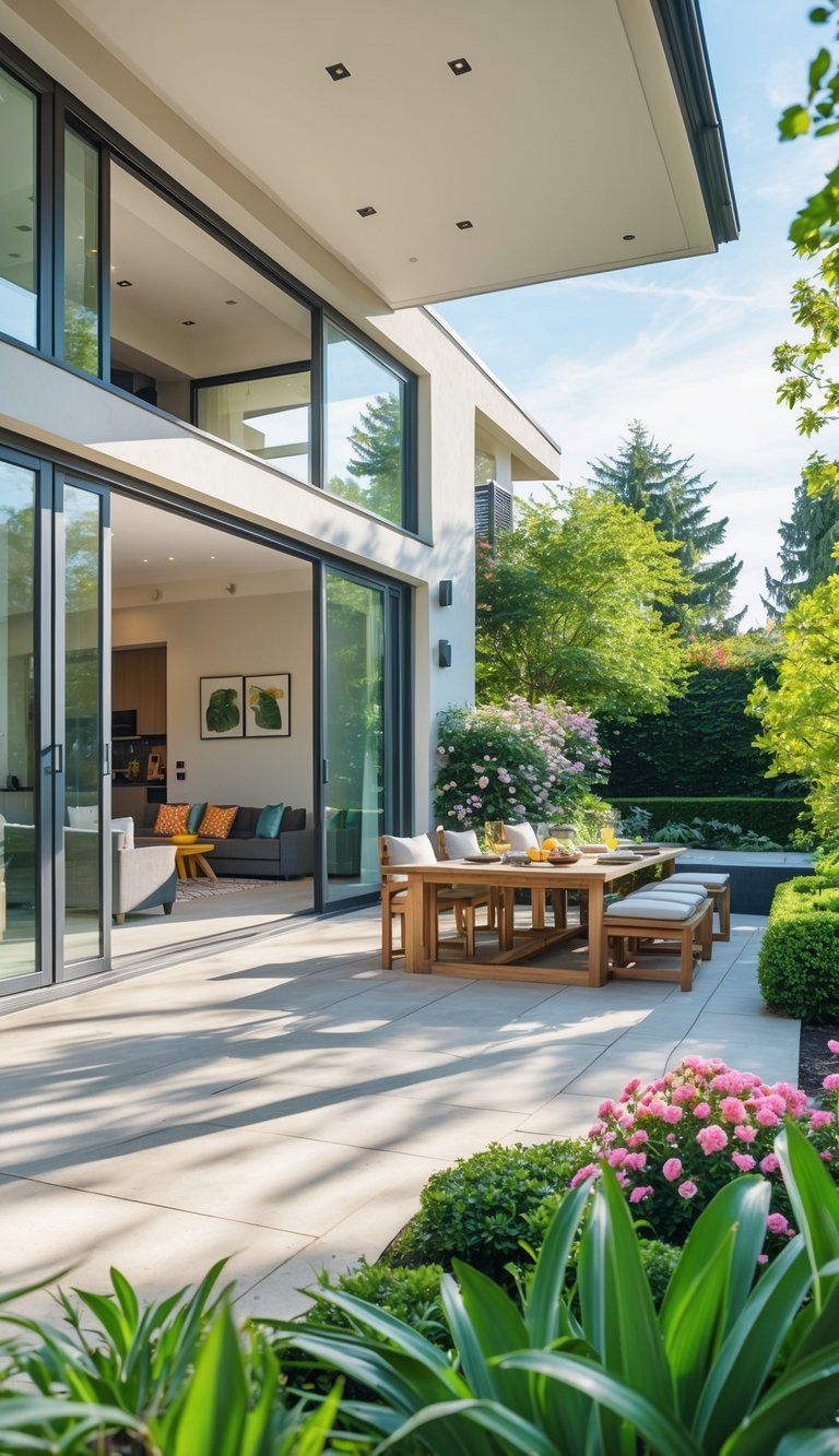 A modern living room opening onto a garden patio with outdoor seating and greenery.