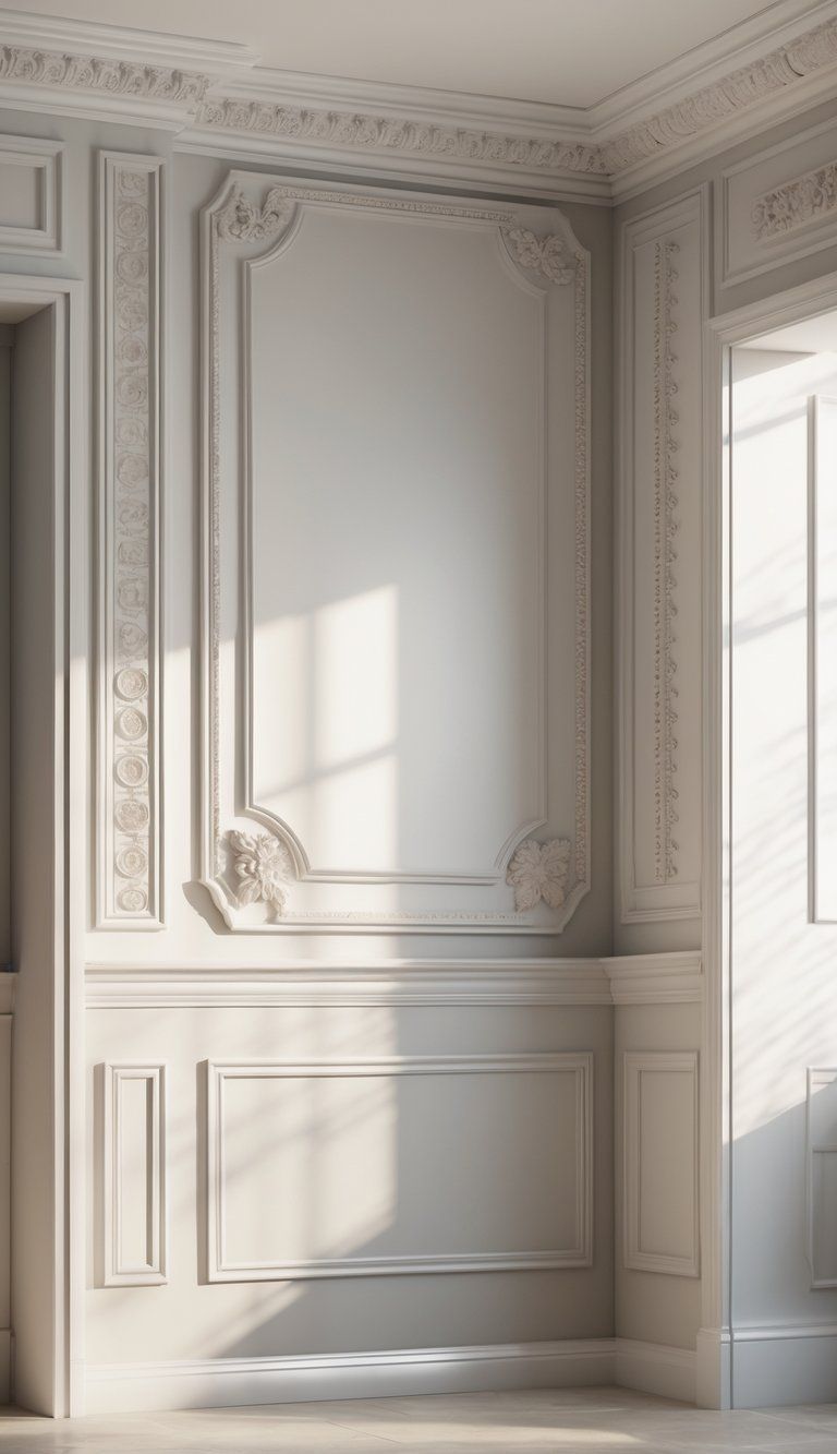 Interior wall with decorative moldings and architectural accents creating textured wall panels in a modern room.