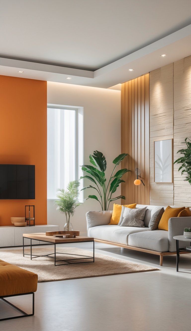A modern living room with a bold accent wall and a textured feature wall, furnished with a sofa, coffee table, and plants.