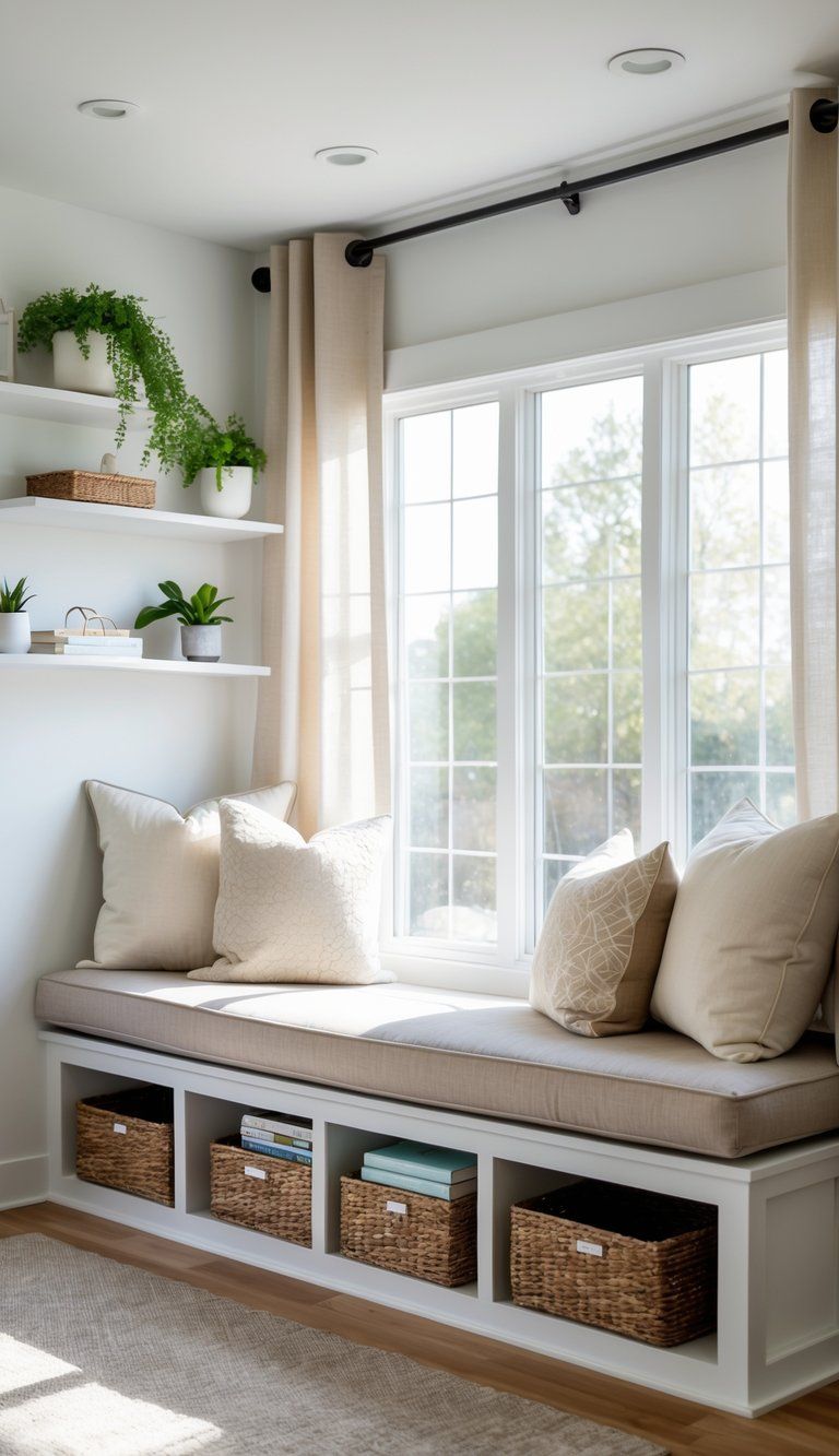 A window seat with cushions and built-in storage under a large window in a bright living room.