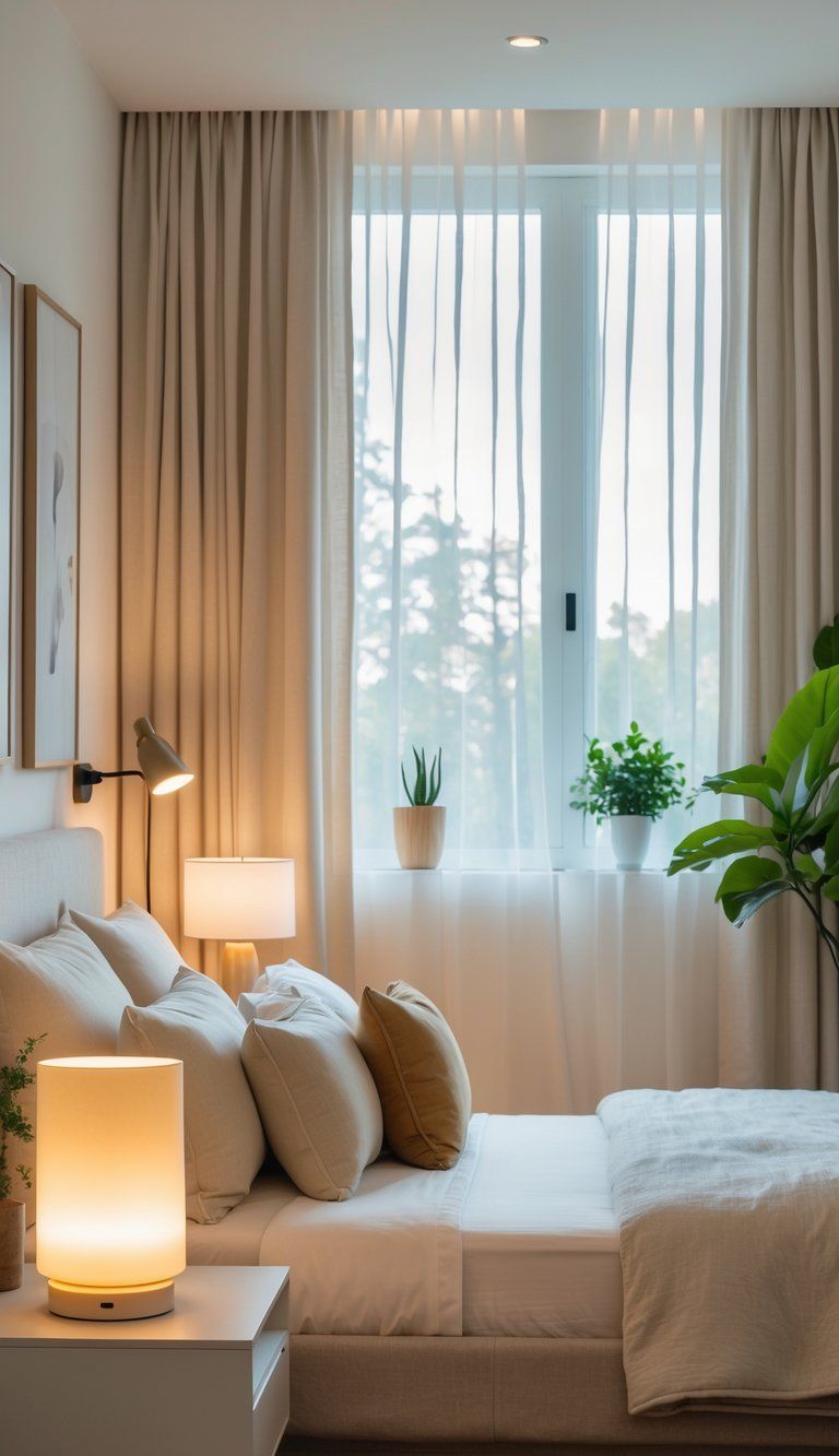A cozy guest room with a bed, table lamp, floor lamp, window with curtains, and simple decor creating a warm and inviting atmosphere.