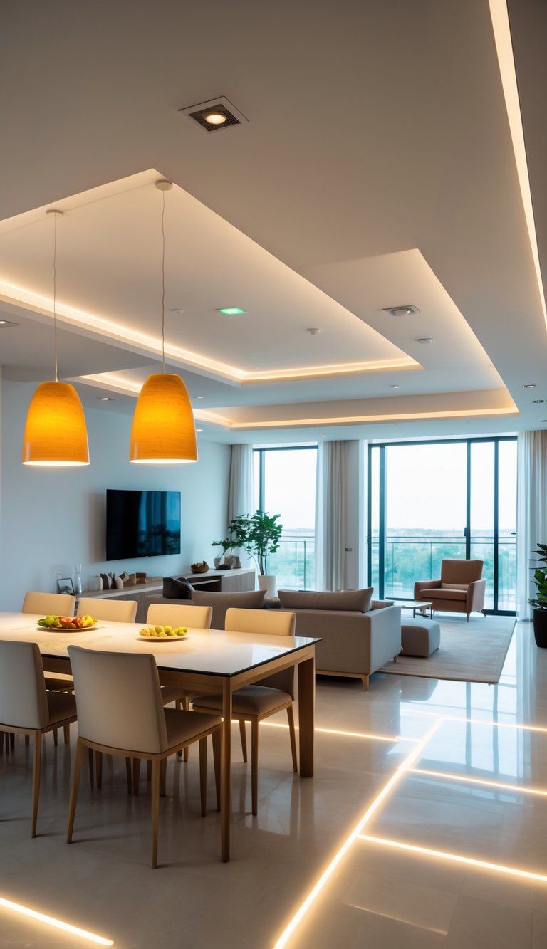 An open living space with distinct areas for dining, relaxing, and working, defined by different lighting fixtures without any walls.