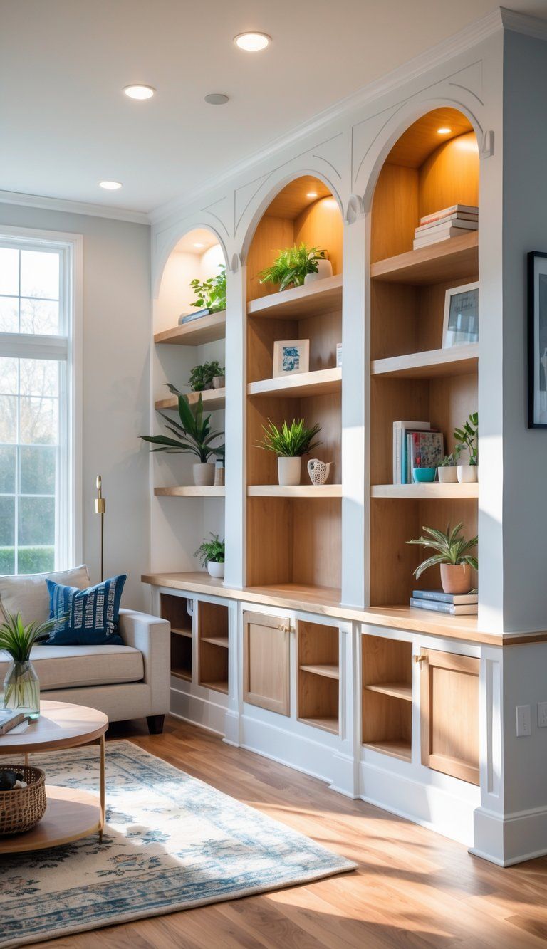 A living room with custom built-in shelves and cabinets designed to fit an angled wall, featuring books, plants, and seating.