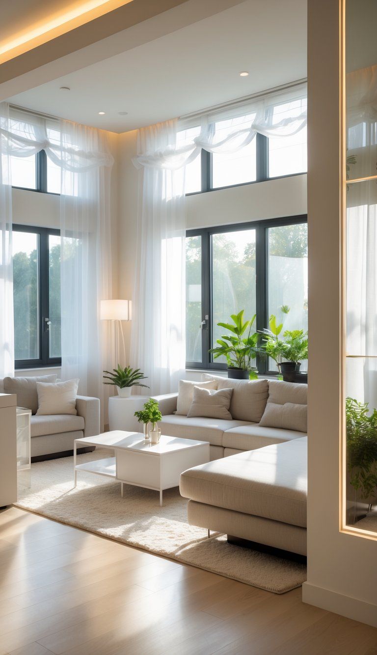 A bright living room with large windows, light walls, mirrors, and plants arranged to maximize natural light.