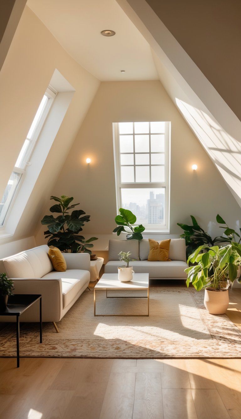A well-lit oddly shaped room with angled walls, modern furniture, and plants arranged to maximize space.