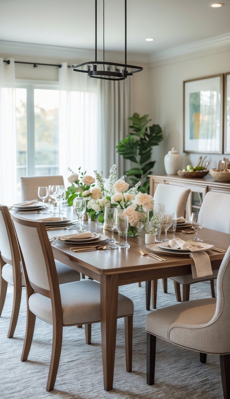 A dining room with a large wooden table set for a meal, surrounded by upholstered chairs, with natural light coming through windows and decorative elements in the background.