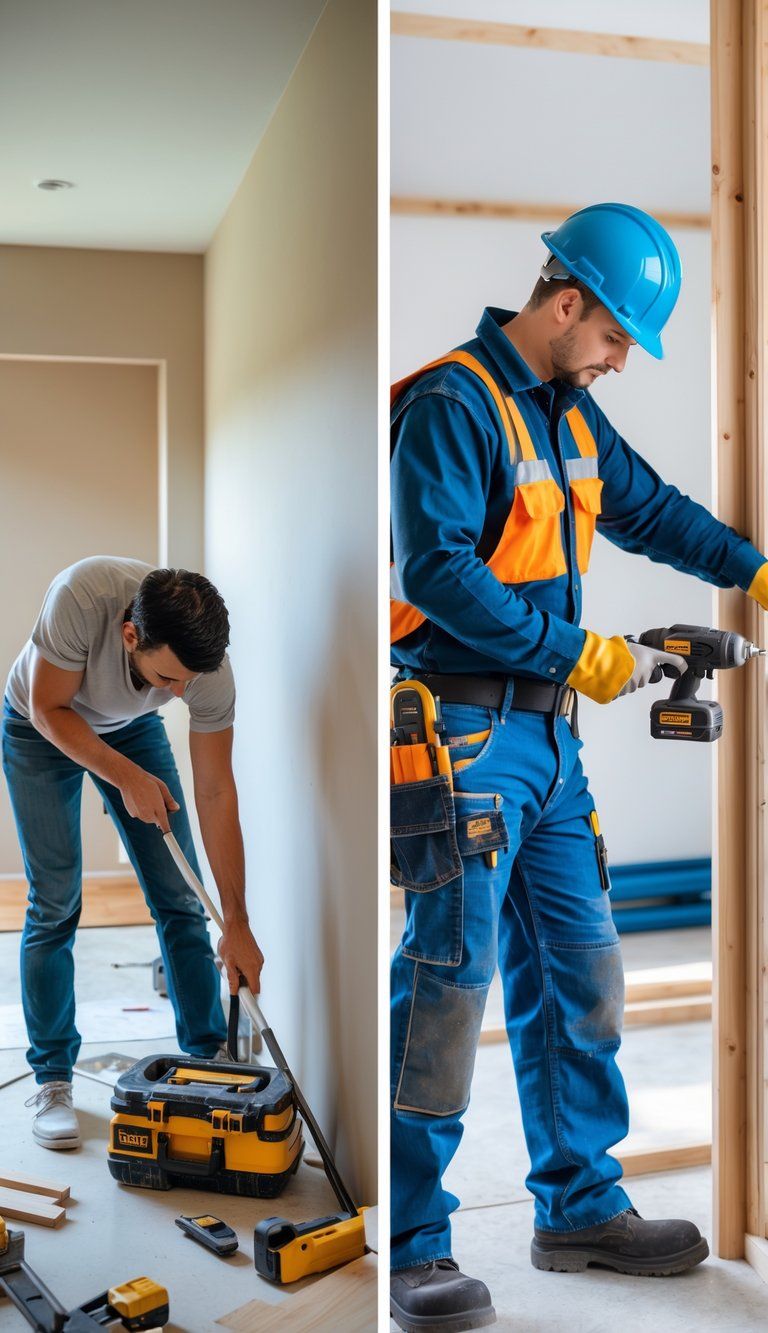 A split scene showing a person doing a home project on one side and a professional worker using specialized tools on the other.