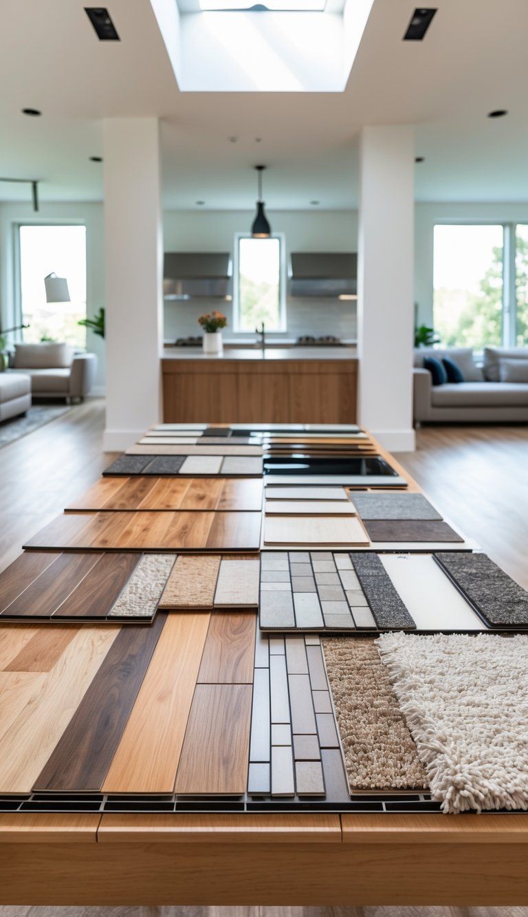 A table displaying various flooring samples with different room interiors visible in the background.