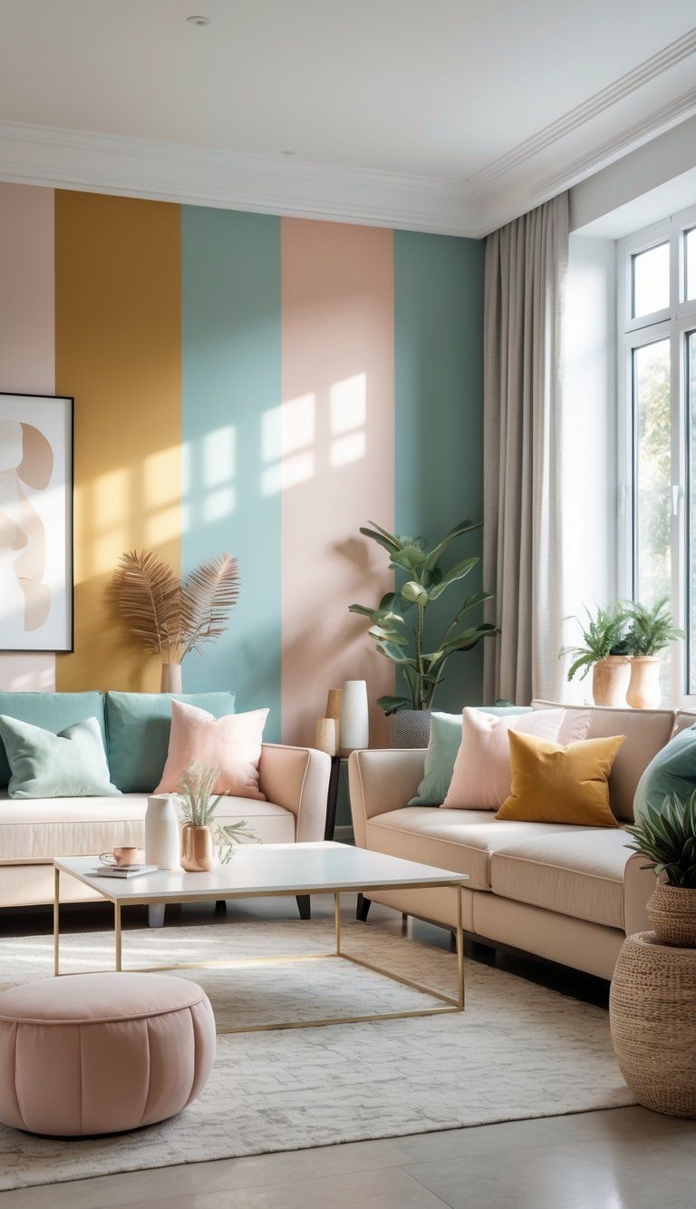 A modern living room with a comfortable sofa, coffee table, plants, and artwork, featuring a warm and inviting color scheme.