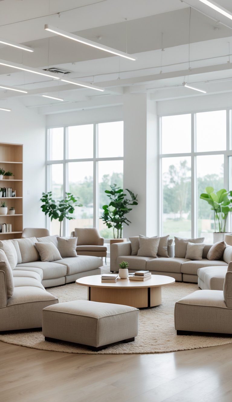 A modern living room with sofas and chairs arranged in a circle to encourage conversation, filled with natural light.
