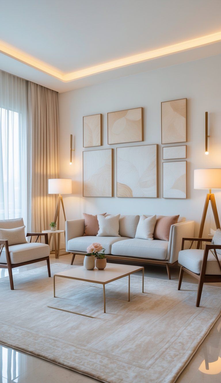A modern living room with a large rug, wall art, sofa, armchairs, coffee table, and warm lighting arranged in perfect proportions.