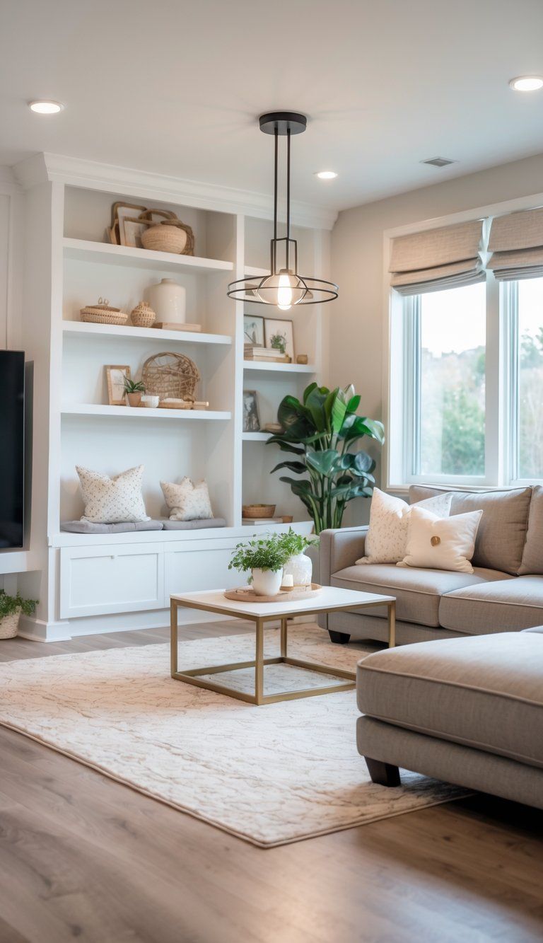 A modern living room with a comfortable sofa, coffee table, built-in shelves, large windows, and a mix of stylish and practical design elements.