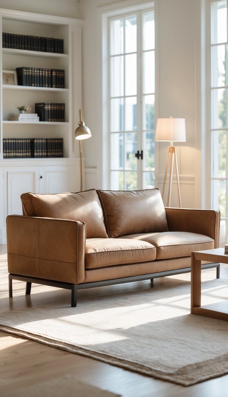 A modern living room with a high-quality sofa, bookshelf, floor lamp, and natural light coming through large windows.