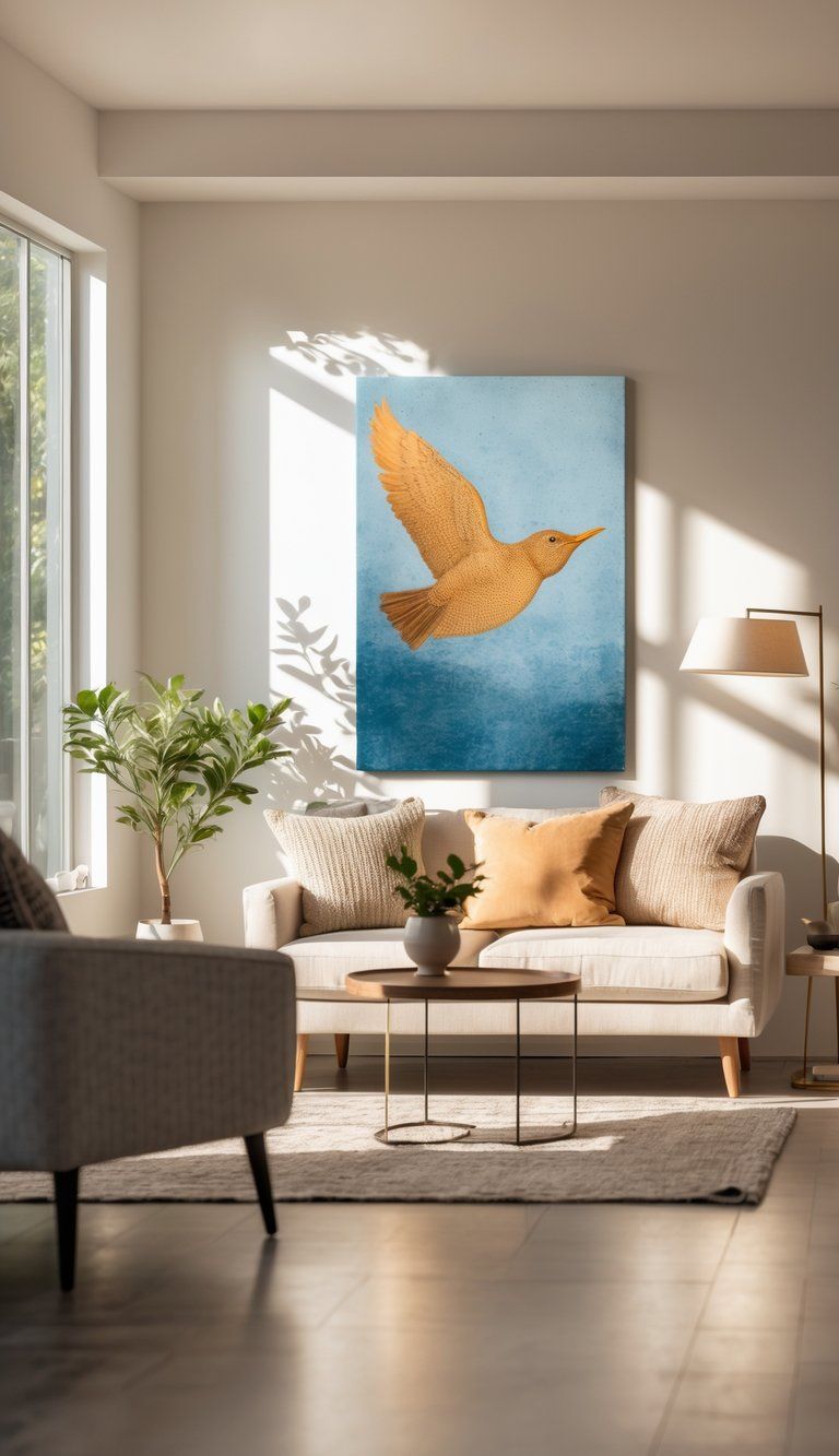 A well-lit living room with a sofa, coffee table, floor lamp, and wall art that complements the room's decor.