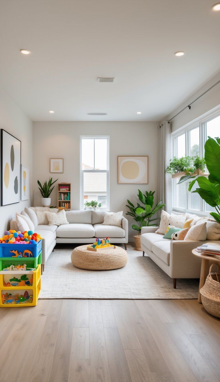 A bright family living room with modern furniture, playful touches like a basket of toys and a cozy reading nook, large windows, wooden floors, and green plants.