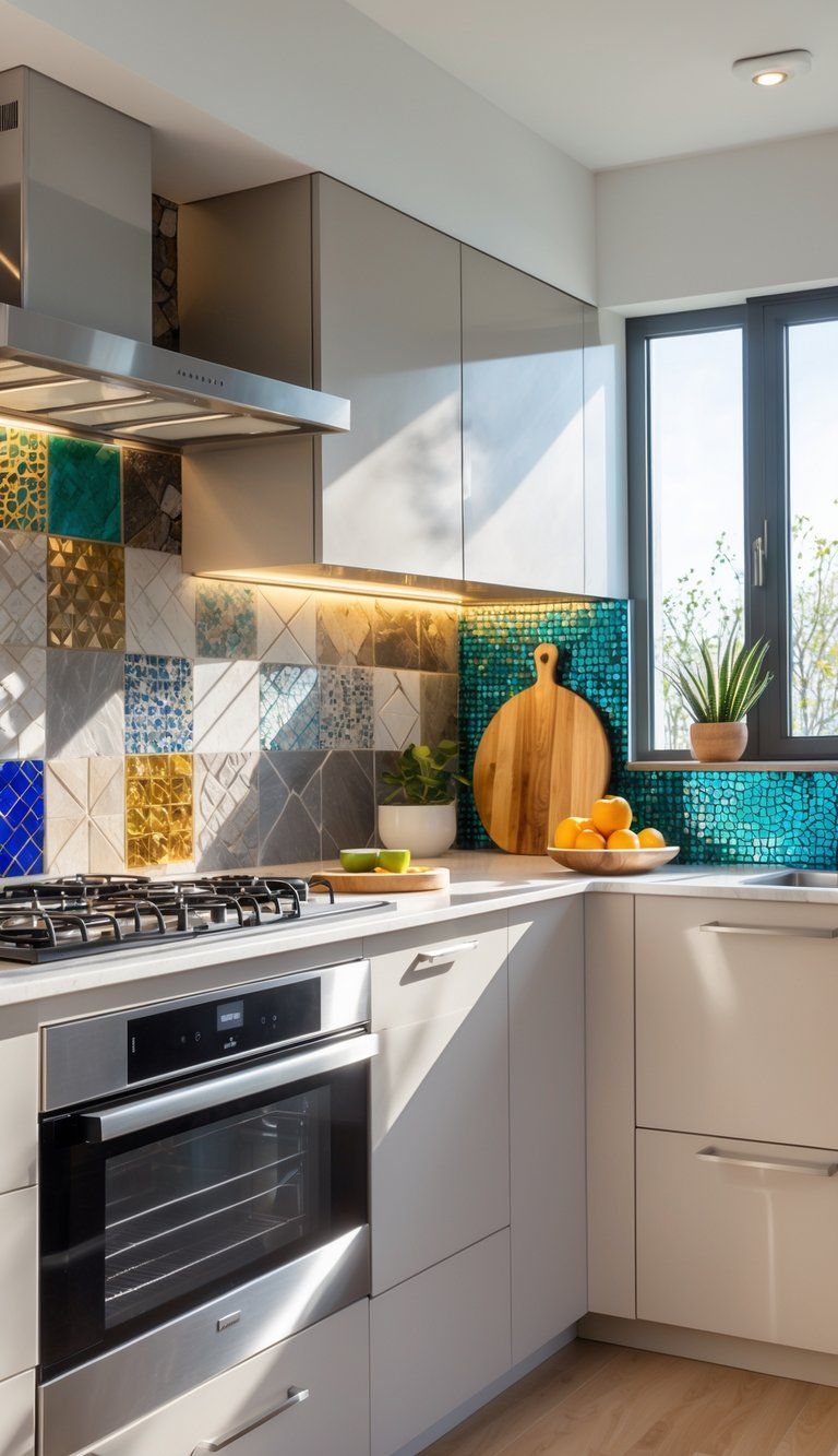 A modern kitchen countertop with various unique backsplash designs including geometric tiles, natural stone, and metallic accents, illuminated by natural light.