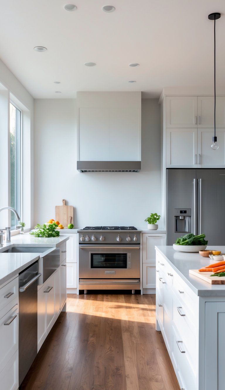 A modern kitchen with a central island, stove, refrigerator, sink, and cooking tools arranged for efficient use.