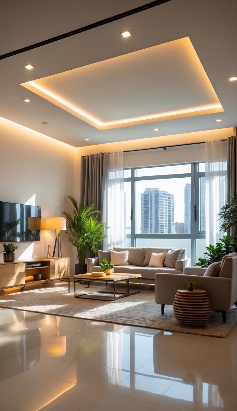 A well-lit modern living room with natural sunlight and warm ceiling and floor lamps illuminating comfortable furniture and plants.