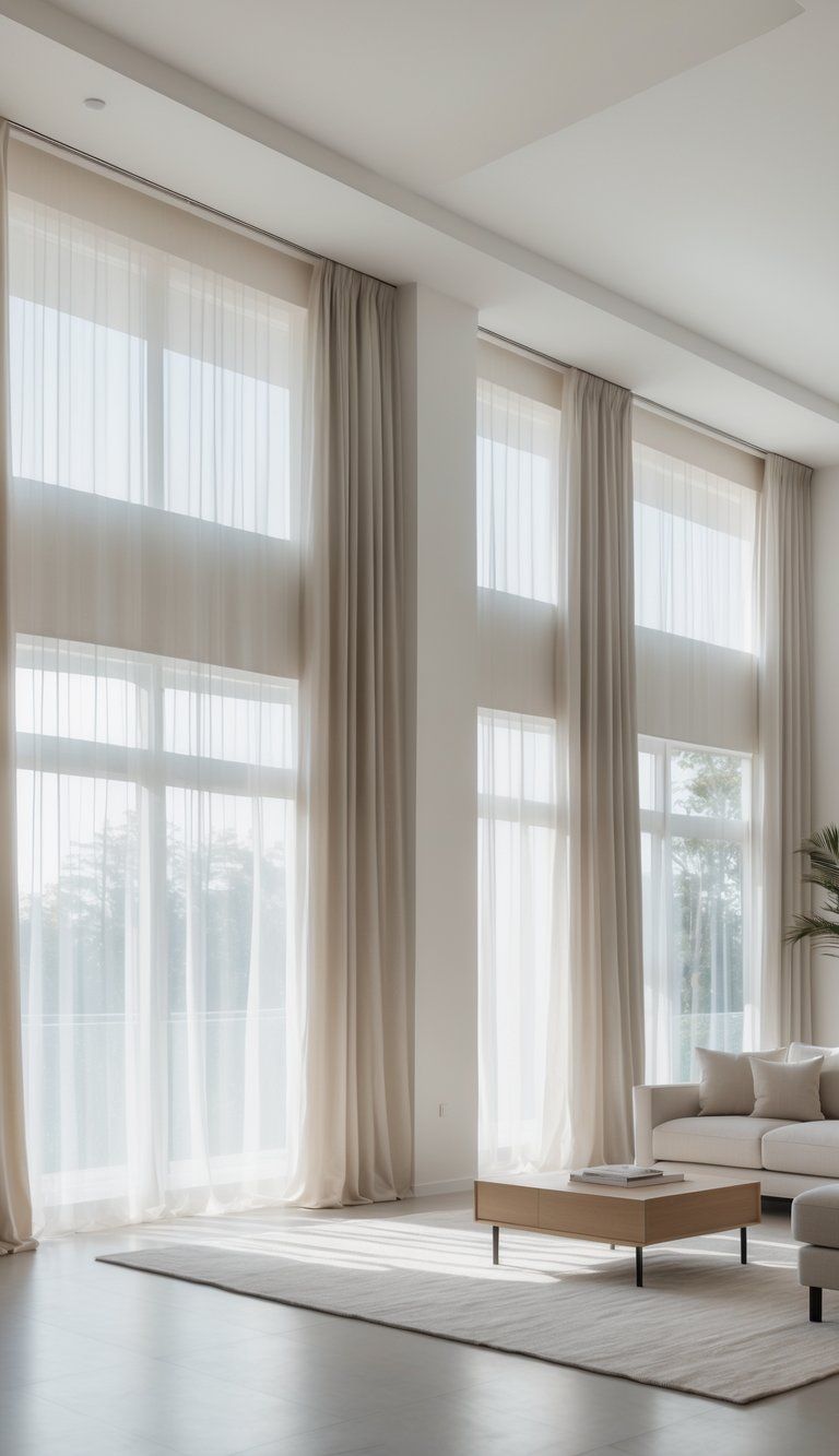 Living room with curtains hung close to the ceiling, making the low ceiling appear taller.