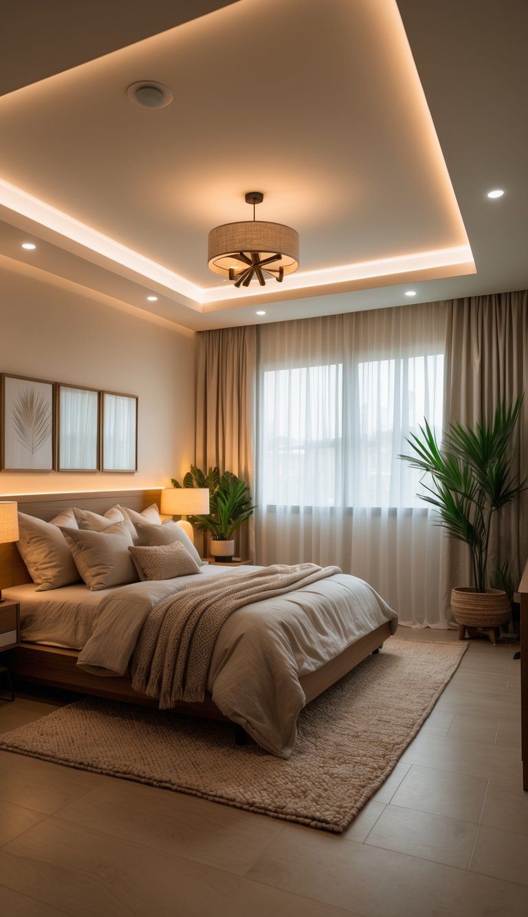 A master bedroom with a large bed, layered warm lighting from lamps and ceiling lights, natural decor, and large windows with sheer curtains.