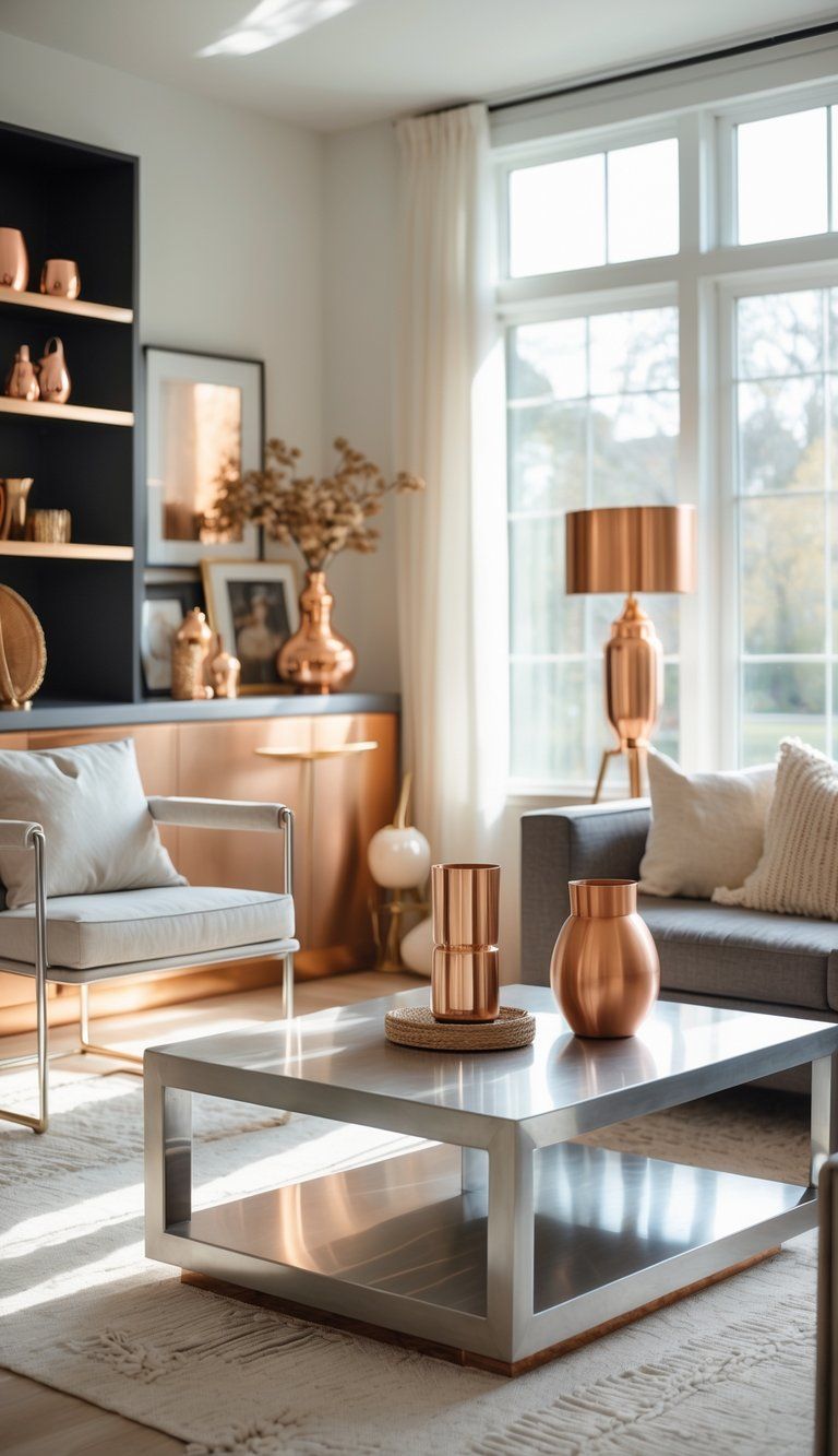 A modern living room with various metal finishes including stainless steel, brass, copper, chrome, and matte black used in furniture and decor.