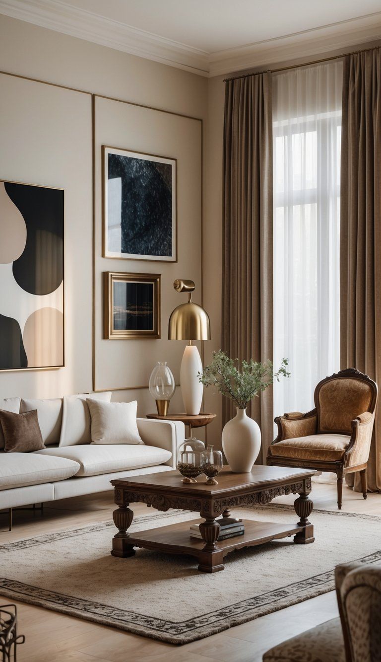 A living room with a sofa, coffee table, armchair, floor lamp, area rug, and wall art illuminated by natural light through large windows.
