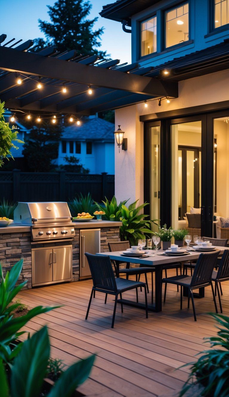 An outdoor dining and kitchen area with a grill, countertop island, dining table, chairs, and plants, connected to a house through large glass doors.