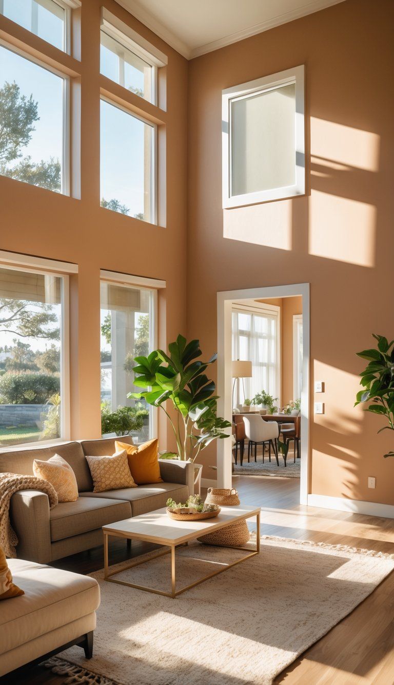 A sunlit living room with warm-colored walls and large windows showing natural light streaming in, with glimpses of adjacent rooms painted in different colors.