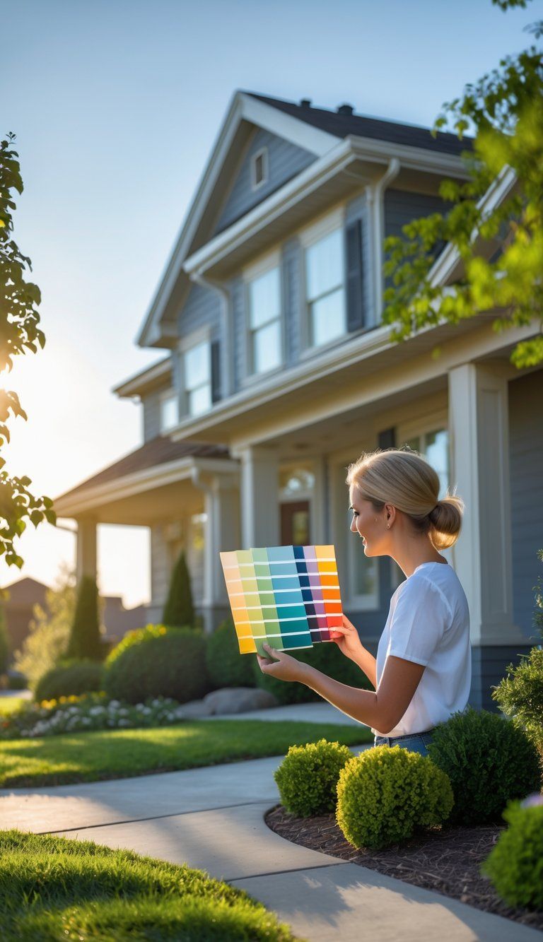 Person holding paint color swatches against a suburban house exterior with green landscaping and sunlight.